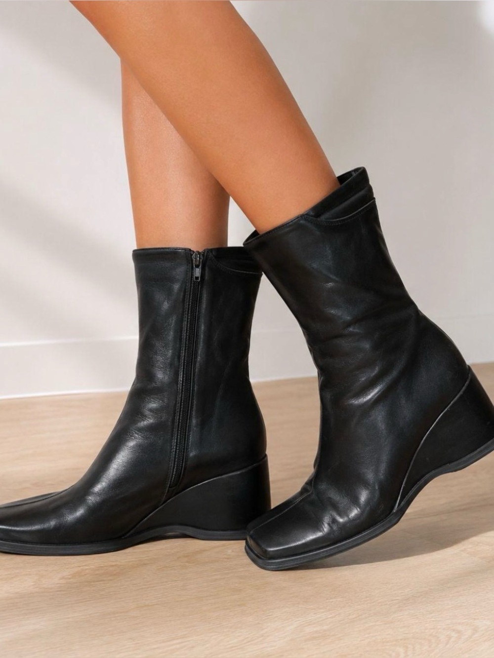 Black Italian Leather Wedge Ankle Boots